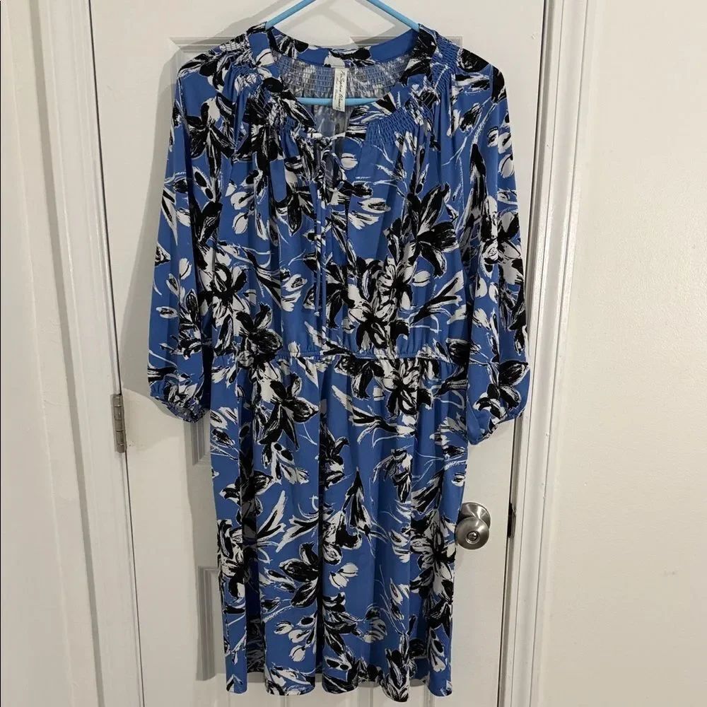 PerSeption Concept Blue Dress with Black and White Floral Design Size 1X